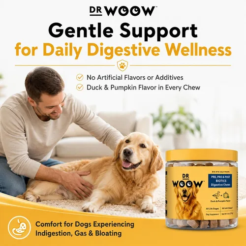 Vista 6 de Dr. Woow Pre, Post y probióticos para perros Apoyo digestivo para perros 90 masticables 3 mil millones de UFC de probióticos para perros de 7