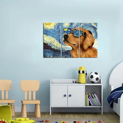 Vista 2 de Kaloremore Van Gogh Starry Night in Cool Dog Golden Retriever - Pintura de gafas de sol Giclée impresiones en lienzo envuelto en galería, 3 piezas