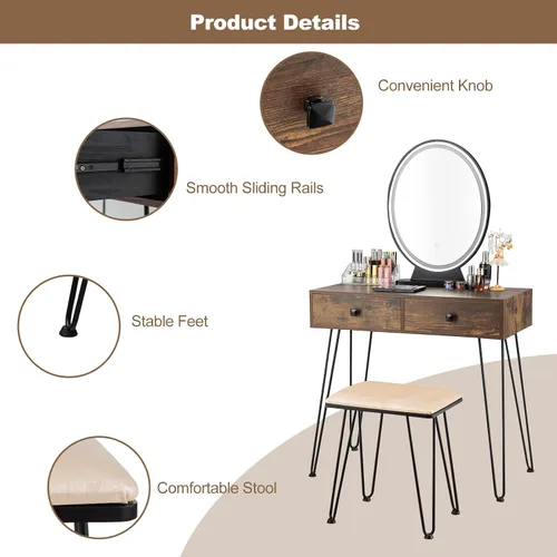 Vista 3 de KOTEK Juego de mesa de tocador con espejo iluminado, escritorio de maquillaje con taburete acolchado, espejo regulable de pantalla táctil de 3