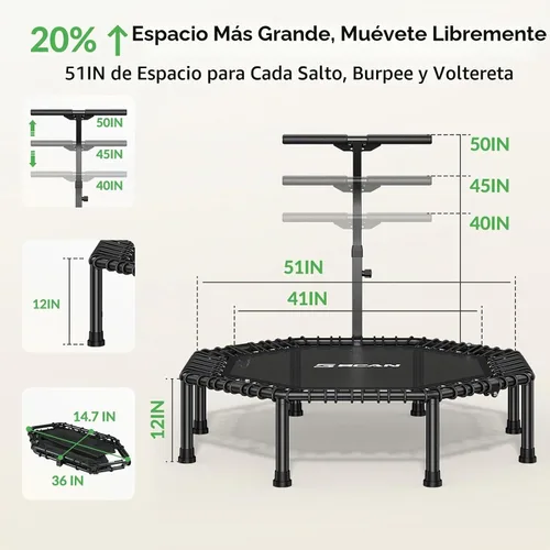 Vista 8 de BCAN - Cama elástica miniatura octagonal de 51 pulgadas, carga máxima de 450 libras; cama elástica de aptitud física con barra de asa T ajustable