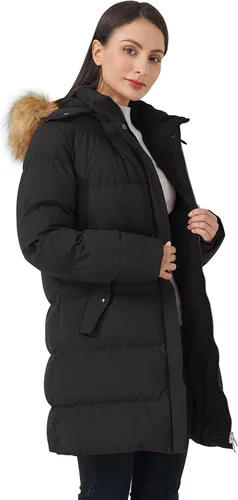 Vista 4 de WenVen - Abrigo de invierno acolchado para mujer, chaqueta cálida con capucha desmontable de pelo sintético