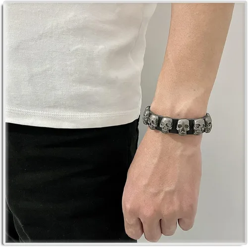 Vista 6 de Xusamss Pulsera de cuero con hebilla de aleación punk rock, muñeca de 7.5 pulgadas