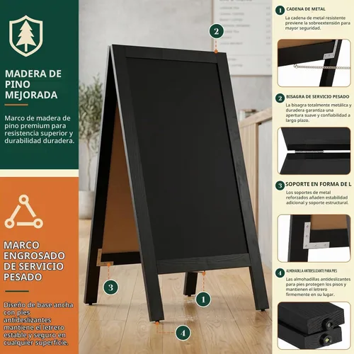 Vista 4 de 4 THOUGHT Pizarra magnética de doble cara con marco A de 40"x20", tablero de madera de pino macizo independiente para sándwiches para restaurantes