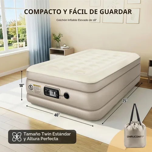 Vista 6 de Simpli Comfy Colchón inflable elevado tamaño individual de 18 pulgadas con bomba de CA integrada, cama de aire autoinflable rápida con parte