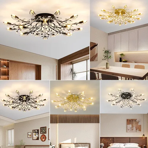 Vista 5 de Lámpara de techo de cristal, lámpara de flores, luces de techo semiempotradas de hojas doradas, accesorios de iluminación de cocina para dormitorio