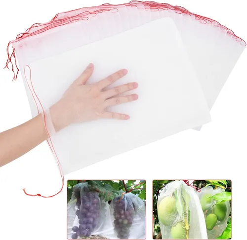 Vista 12 de Kikhope 100 bolsas de protección de frutas, bolsas de red de jardín de 6 x 4 pulgadas con cordón, bolsas de red de frutas, bolsas de barrera de red