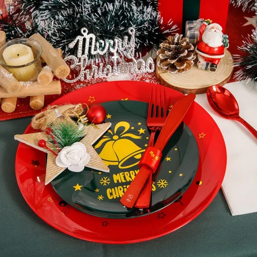 Vista 4 de WDF 175 piezas de platos de Navidad de plástico desechables - 25 platos verdes, 25 platos rojos con campanas doradas, 75 cubiertos de plástico