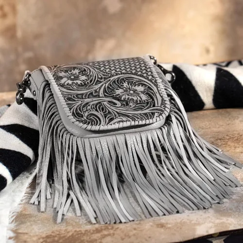 Vista 5 de Montana West Bolso bandolera occidental de cuero genuino con flecos para mujer