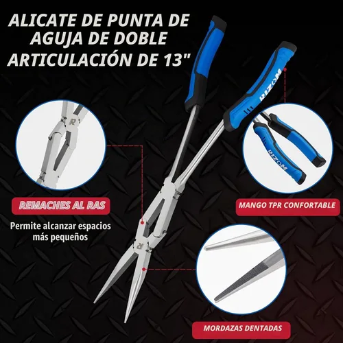 Vista 2 de Rizom Juego de alicates de largo alcance de 3 piezas, alicates de punta de aguja larga de doble articulación de 13 pulgadas, alicates de punta