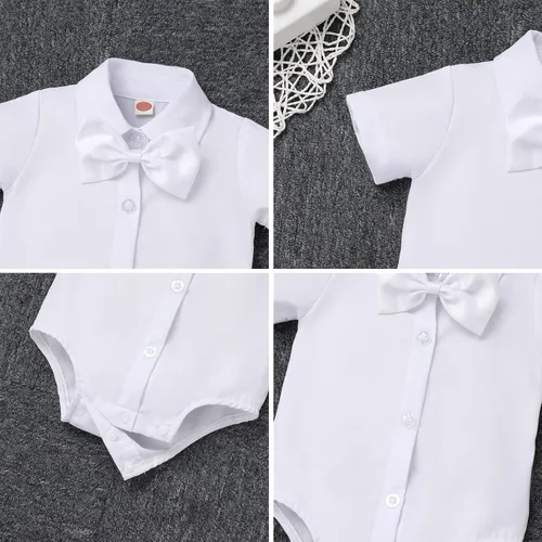 Vista 6 de IBTOM CASTLE Traje de bautizo para bebé, traje formal con corbatín, chaleco, pantalones cortos, esmoquin de boda, conjunto de caballero