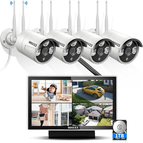 Vista 10 de OOSSXX (Monitor IPS HD) Antenas duales Wi-Fi mejorado AI Detectado por humanos Sistema de cámara de seguridad inalámbrica para exteriores