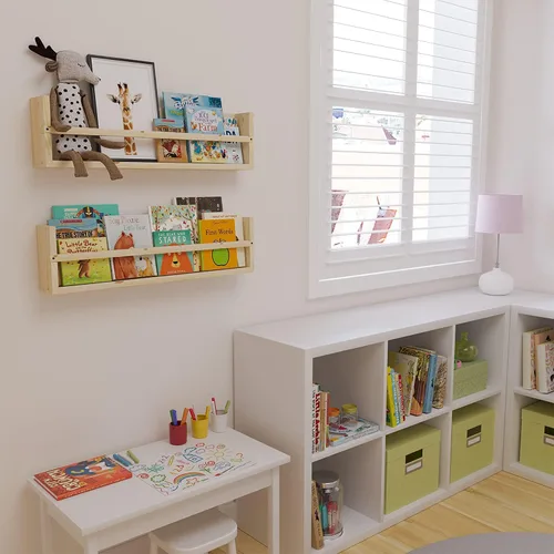 Vista 2 de Polynez - Estantes flotantes de 30 pulgadas para guardería y niños, juego de 2 estantes de pared multiusos sin terminar sin acabado