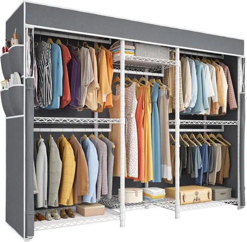 Vista 10 de Raybee Perchero de ropa para colgar ropa, capacidad de 900 libras, armario portátil resistente con 5 barras de suspensión y 8 estantes