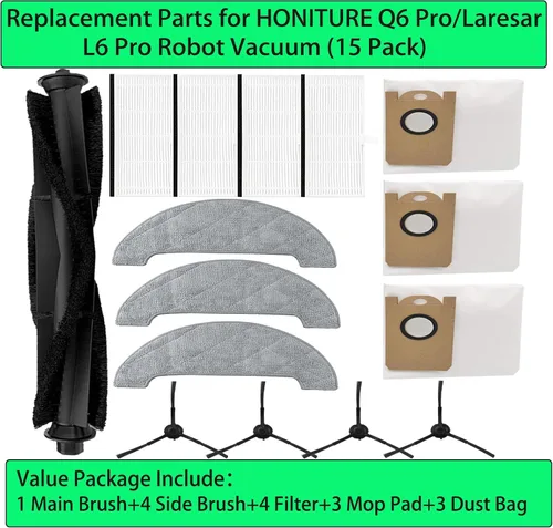 Vista 2 de Recambios de repuesto para Airrobo T10+/ Ultenic T10/HONITURE Q6 Pro/Laresar L6 Pro Robot Aspirador 1Cepillo Filtro Fregona Almohadilla Bolsa