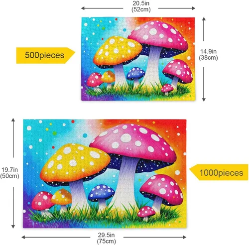 Vista 5 de Rompecabezas de hongos rojos amarillos, material compuesto de madera de papel Zcon bolsa de almacenamiento e imagen de referencia fácil de resolver