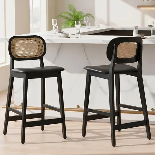 Vista 14 de ROCITY - Juego de 2 taburetes de ratán negro, taburetes de bar de madera de granja, taburetes de bar tapizados, sillas de isla de cocina