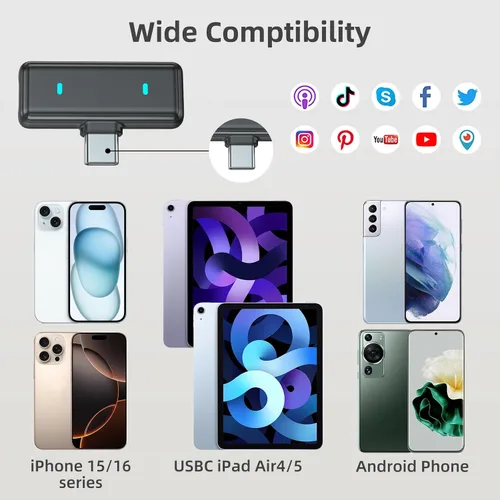 Vista 6 de VM32 Mini micrófono inalámbrico para iPhone 17 16 15 teléfono Android, micrófono de solapa Lavalier USB C con estuche de carga de 40 horas