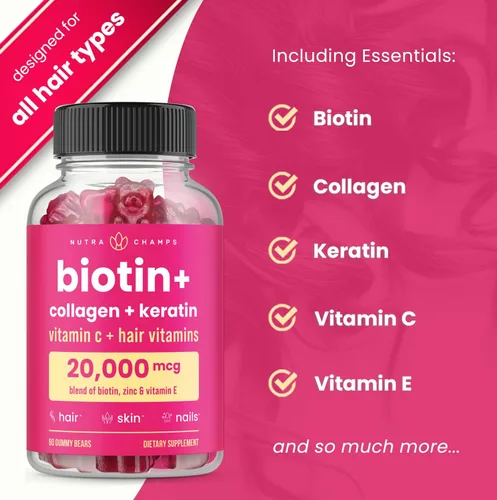 Vista 3 de NutraChamps Gomitas de biotina de 5000 mcg con colágeno, queratina y más – Vitaminas para la piel y las uñas para mujeres y hombres – Apoya el ciclo