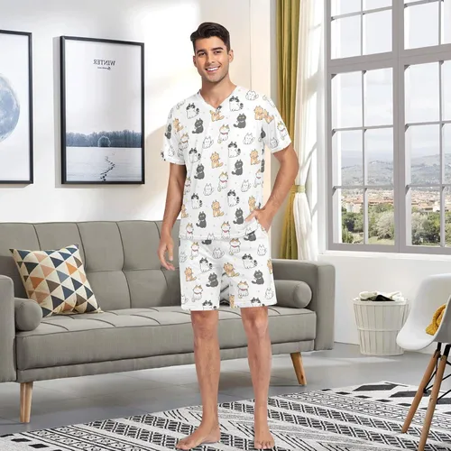 Vista 6 de KOPIRIT Conjunto de pijama de dinosaurio para hombre, conjunto de pijama con cuello en V, conjunto de 2 piezas, pantalón con bolsillo
