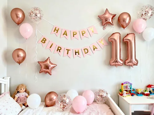 Vista 7 de Globos de fiesta de cumpleaños número 11 para niñas, pancarta de cumpleaños número 11, globos de papel de aluminio de color oro rosa con el número