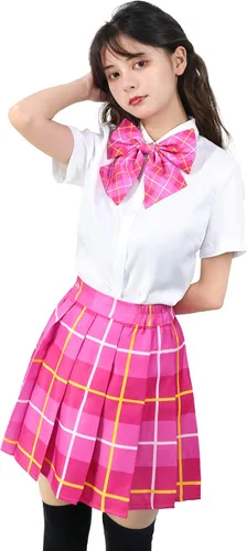 Vista 2 de PROCOS Disfraz de colegiala de talla estadounidense para mujer, uniforme japonés con corbata de lazo a cuadros, 5 piezas