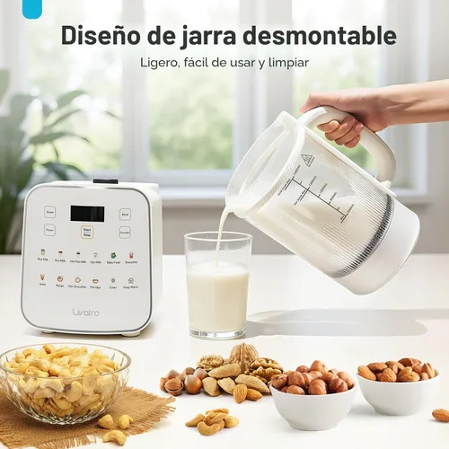 Vista 8 de Máquina para fabricar leche de nuez de 50.73oz: Máquina automática de leche de soja 12 en 1 con diseño desmontable, jugo casero, almendras, leches