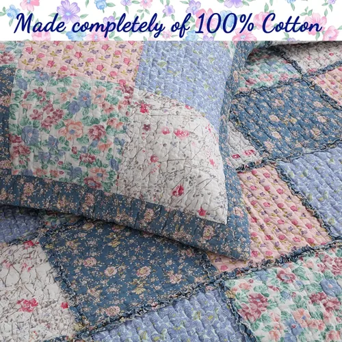 Vista 2 de Cozy Line Home Fashions - Juego de ropa de cama reversible de 100% algodón con diseño de patchwork real, estilo cottage francés, floral, colcha