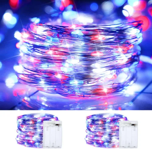 Vista 11 de Luces de cuerda de Navidad rojas, verdes y blancas de alambre de cobre, paquete de 2, total de 200 luces LED de hadas, luces parpadeantes