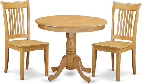 Vista 9 de East West Furniture ANPO3-OAK-C Juego de mesa y sillas de cocina de 3 piezas contiene una mesa de comedor redonda con pedestal y 2 sillas tapizadas