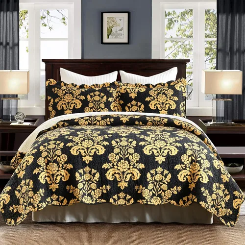 Vista 2 de Juego de edredón 100% algodón tamaño Queen, colcha floral suave prelavada, juego de ropa de cama ligera de 3 piezas para todas las estaciones, ropa