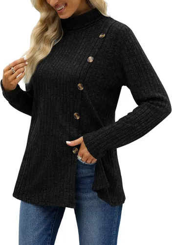Vista 3 de OFEEFAN Tops de manga larga con cuello alto falso y botones laterales para mujer