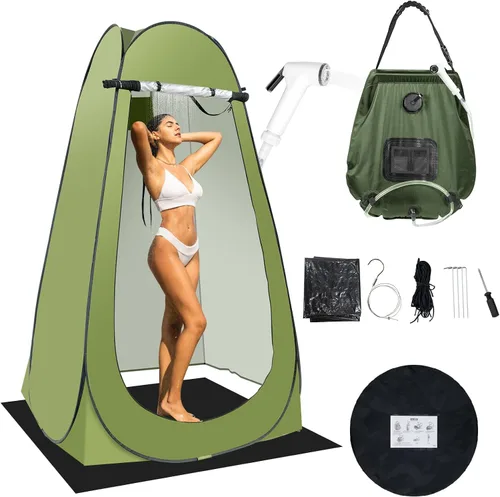 Vista 9 de Tienda de campaña portátil de privacidad, kit de tienda de ducha al aire libre con bolsa de ducha de 5 galones (boquilla mejorada)