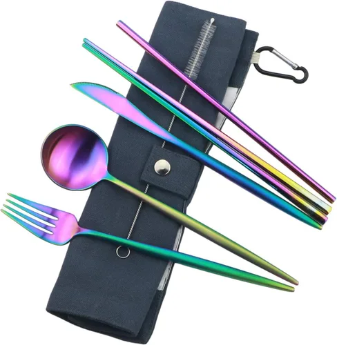 Vista 14 de Utensilios de viaje reutilizables, 7 piezas portátiles de acero inoxidable 304, incluyendo cuchillo, tenedor, cuchara, palillos, cepillo