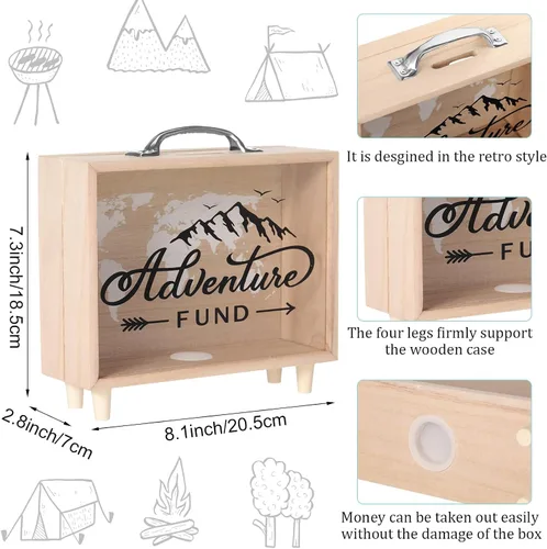 Vista 2 de Vesici Caja de Fondos de Viaje Alcancía para Adultos Caja de Ahorros de Dinero Maleta Decorativa de Vacaciones Banco de Monedas de Madera