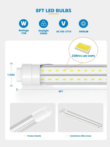 Vista 3 de ELEKICO Bombilla LED de 8 pies, luz de tienda en forma de V de 8 pies, 6000 K, 75 W, 9500 LM, reemplazo de luz de tubo LED T8/T10/T12, derivación