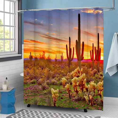 Vista 3 de LUKUY Saguaro - Cortina de ducha para el baño, diseño de paisaje del desierto de Arizona con cactus montaña al atardecer, tela de tela con ganchos