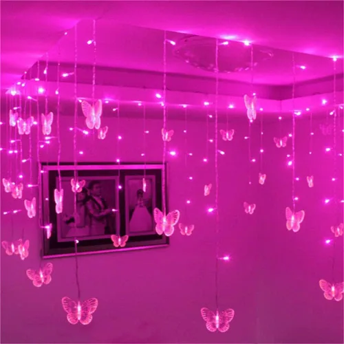 Vista 3 de Lainin - Tira de luces alimentadas por USB de 13 pies, 96 luces LED, 18 cuerdas de mariposas, tira de luces de hadas de 8 modos para fiestas Rosa