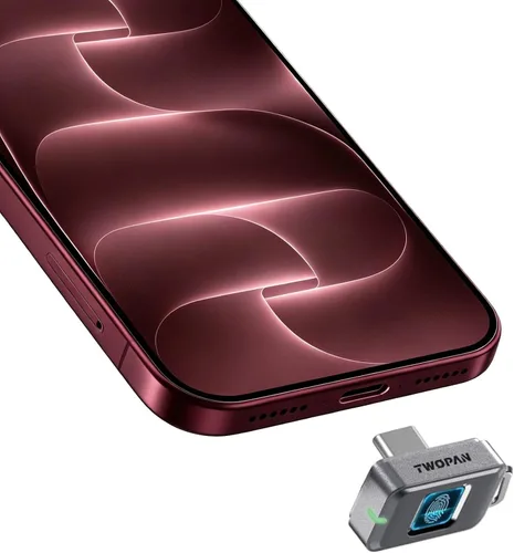 Vista 7 de TWOPAN Nano SSD de 256 GB, unidad flash USB C externa de almacenamiento SSD con bloqueo de huellas dactilares, hasta 450 MB/s, diseño para iPhone