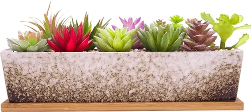 Vista 9 de Macetas para suculentas, macetas grandes de 12.1 pulgadas con bandeja de drenaje, maceta rectangular larga de cerámica para cactus de Azul