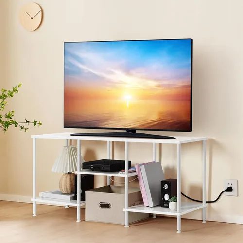 Vista 11 de OYEAL Soporte de TV Negro para Dormitorio con Tomas de Corriente para TV de hasta 50 Pulgadas, Pequeño Centro de Entretenimiento con Almacenamiento