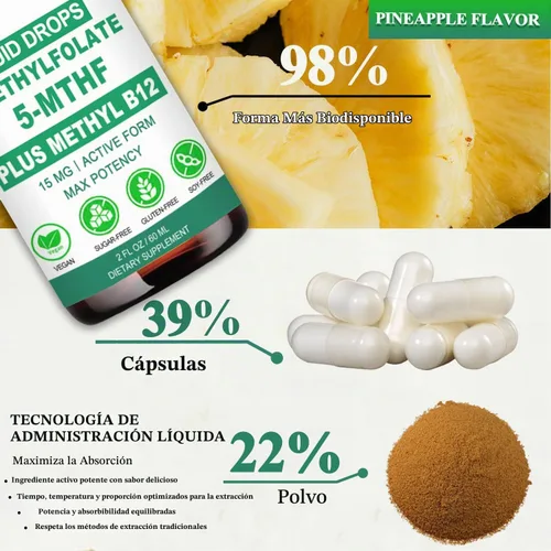Vista 8 de Suplemento de metilfolato gotas líquidas, L Methy Folate 15mg Plus Methy B12, B6, B2 Multivitamínico, Metabólicamente Activo 5-MTHF