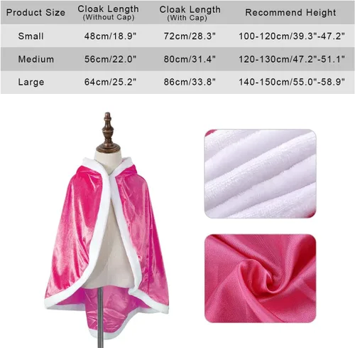 Vista 3 de LOEL Disfraz de princesa con capucha y capa rosa para niña (S, altura recomendada de 39.3 a 47.2 pulgadas, capa)