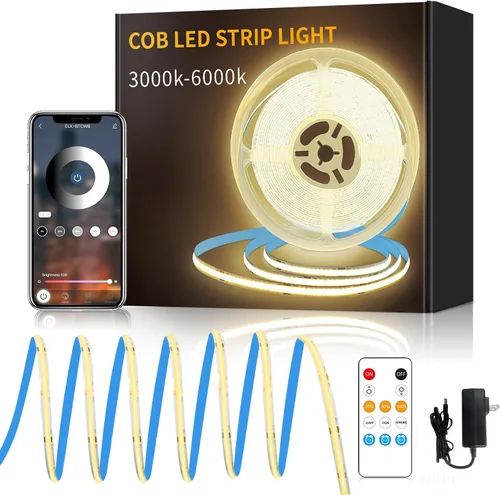 Vista 9 de Tira de luces LED COB de 32.8 pies, 3000 K, blanco cálido, regulable, CC de 24 V, cinta LED flexible para dormitorio, con control remoto