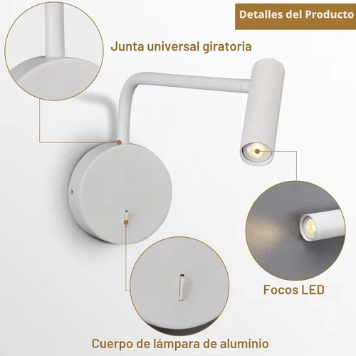 Vista 2 de ZEROUNO Lámpara de lectura montada en la pared para dormitorio, aplique cableado con interruptor de encendido/apagado, moderna lámpara de pared