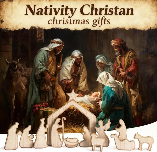Vista 2 de NEROSUN - Juego de escenas de la Natividad, 13 figuras de madera en miniatura de la Sagrada Familia y el pesebre, figuras minimalistas, bohemias