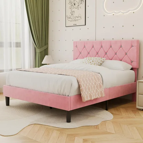 Vista 29 de VECELO Base de cama tamaño individual con plataforma tapizada con cabecera ajustable de botones de diamante, soporte de listones de madera,