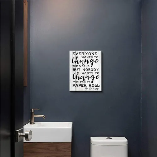 Vista 3 de Kas Home Decoración de pared de baño, reglas de inodoro, letreros divertidos sobre lienzo, arte de pared en lienzo enmarcado de madera, fondo HD