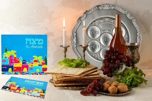 Vista 3 de Pésaj Jerusalén Afikoman - Cubierta para Pascua en hebreo e inglés, azul satinado