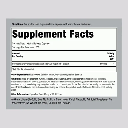 Vista 2 de Piping Rock Gymnema Sylvestre Suplementos 200 cápsulas Extracto de hierbas concentrado Sin OMG y sin gluten