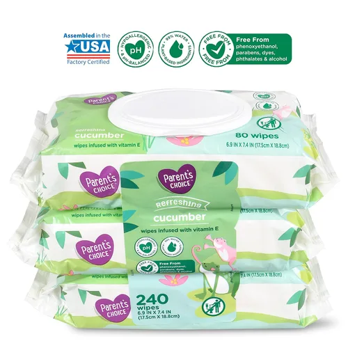 Vista 2 de Parent's Choice Toallitas húmedas refrescantes con aroma a pepino con infusión de vitamina E y aloe, 240